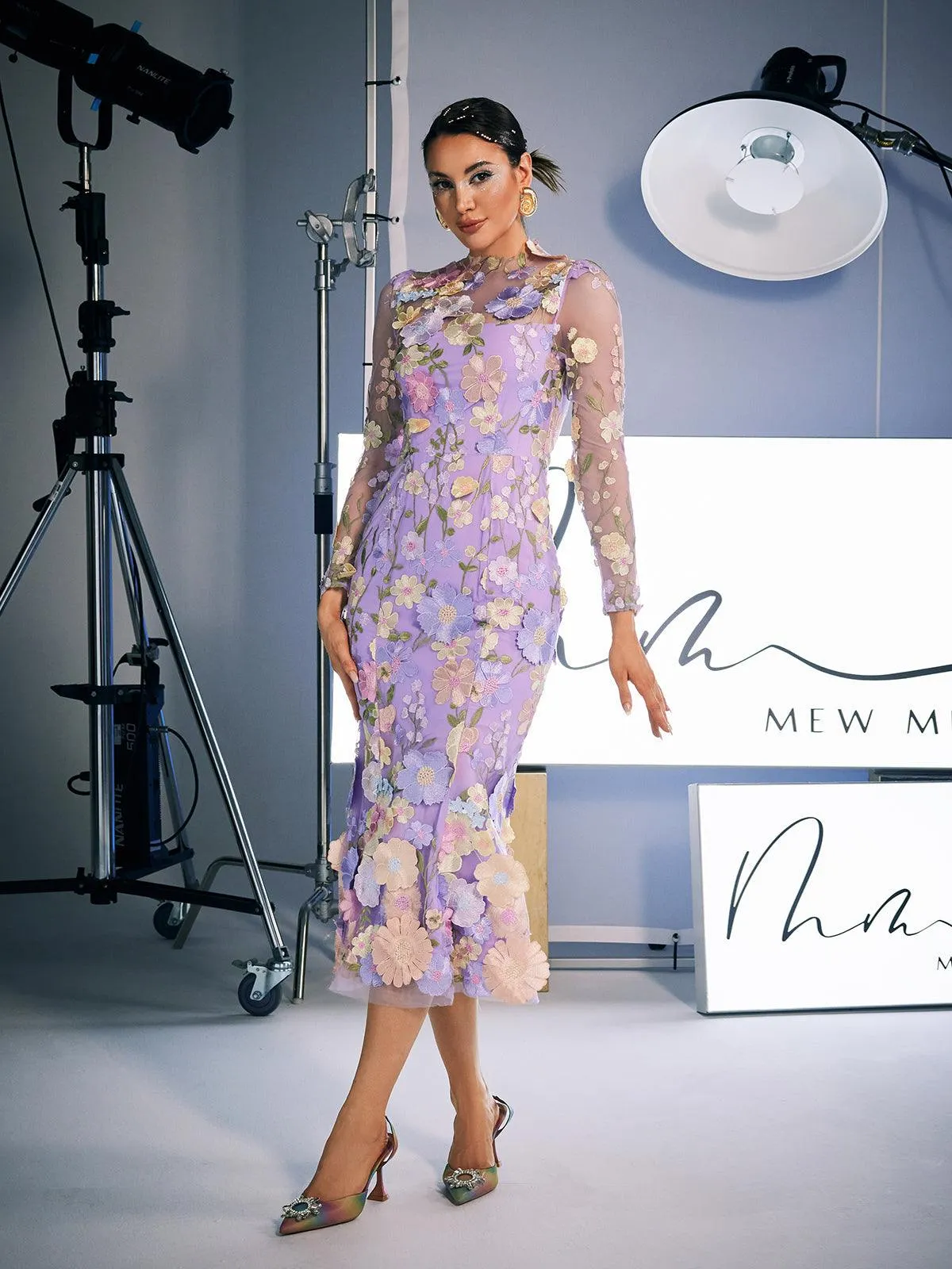 Amara Long Sleeve Embroidered Midi Dress In Purple