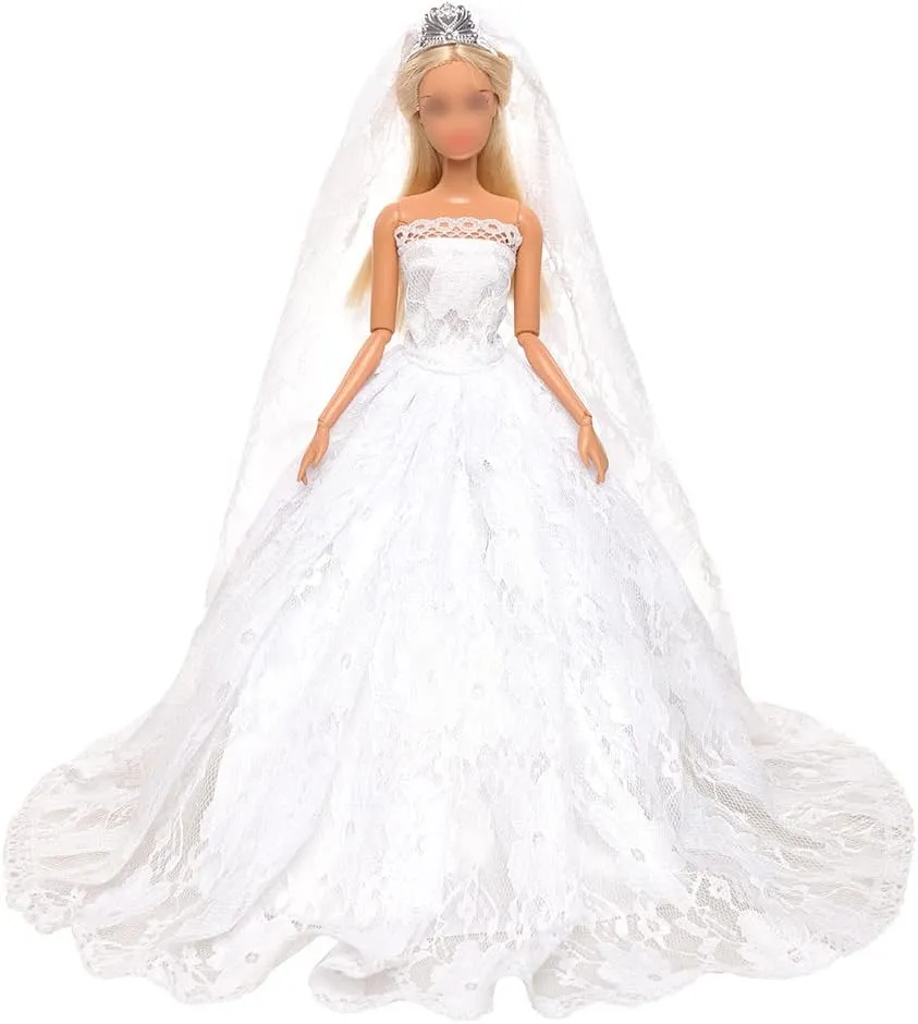 BARWA White Wedding Dress with Long Veil Evening Party Princess White Lace Gown Dress for 11.5 Inch Girl Doll