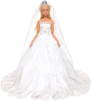 BARWA White Wedding Dress with Long Veil Evening Party Princess White Lace Gown Dress for 11.5 Inch Girl Doll