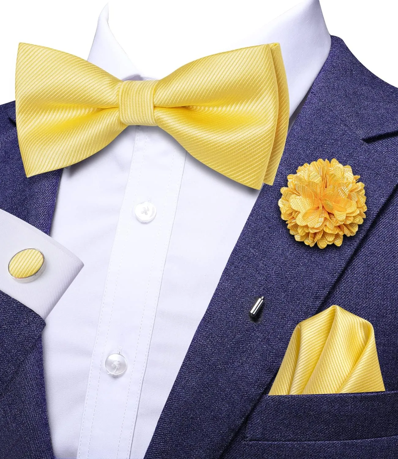 Hi-Tie Bow Ties for Men Pre-Tied Pocket Square Lapel Pin Cufflinks Mens Bowtie Sets for Wedding Formal Party