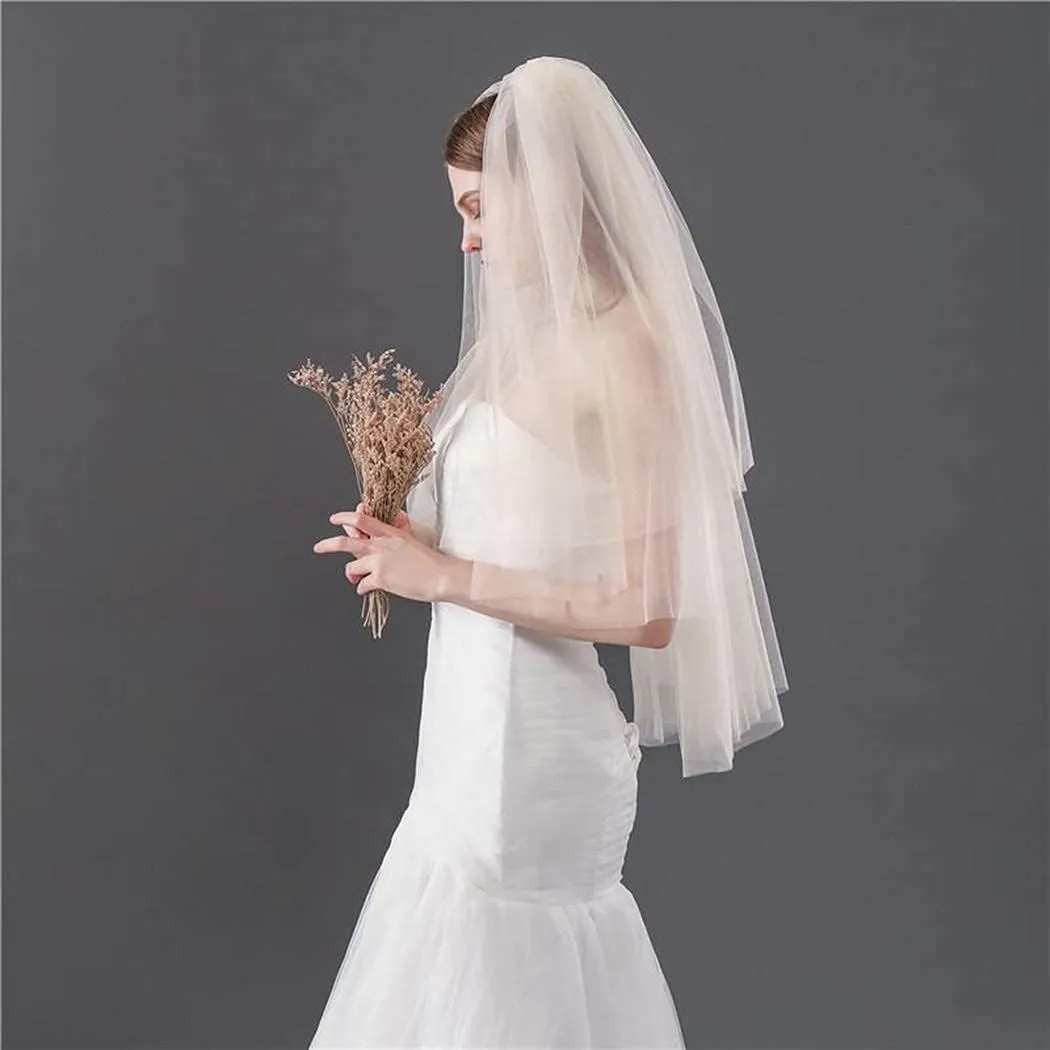 Lace Wedding Veil with Comb Fingertip Length Bridal Veils Star 2Ties Cut Edge Tulle Veil for Brides