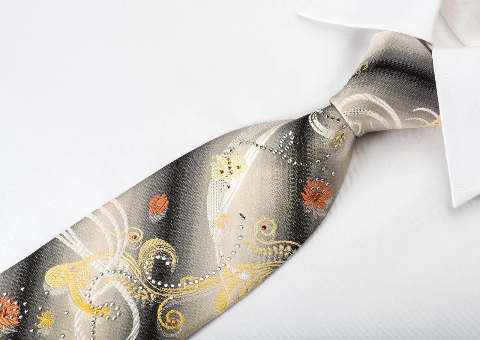 Pierre Cardin Rhinestone Silk Tie Colorful Floral On Graduating Gray White With Silver Sparkles