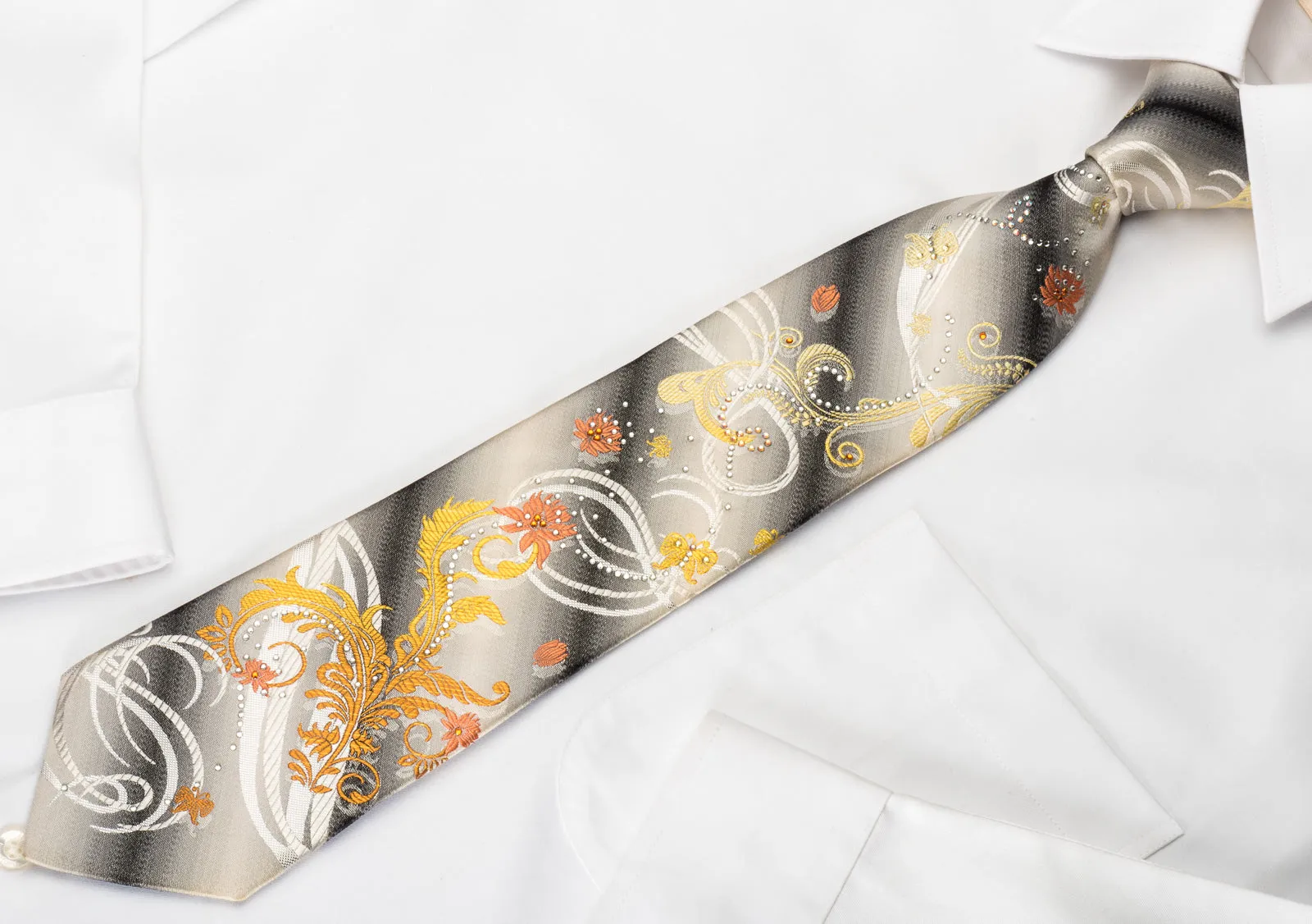 Pierre Cardin Rhinestone Silk Tie Colorful Floral On Graduating Gray White With Silver Sparkles