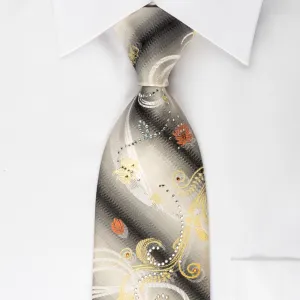Pierre Cardin Rhinestone Silk Tie Colorful Floral On Graduating Gray White With Silver Sparkles