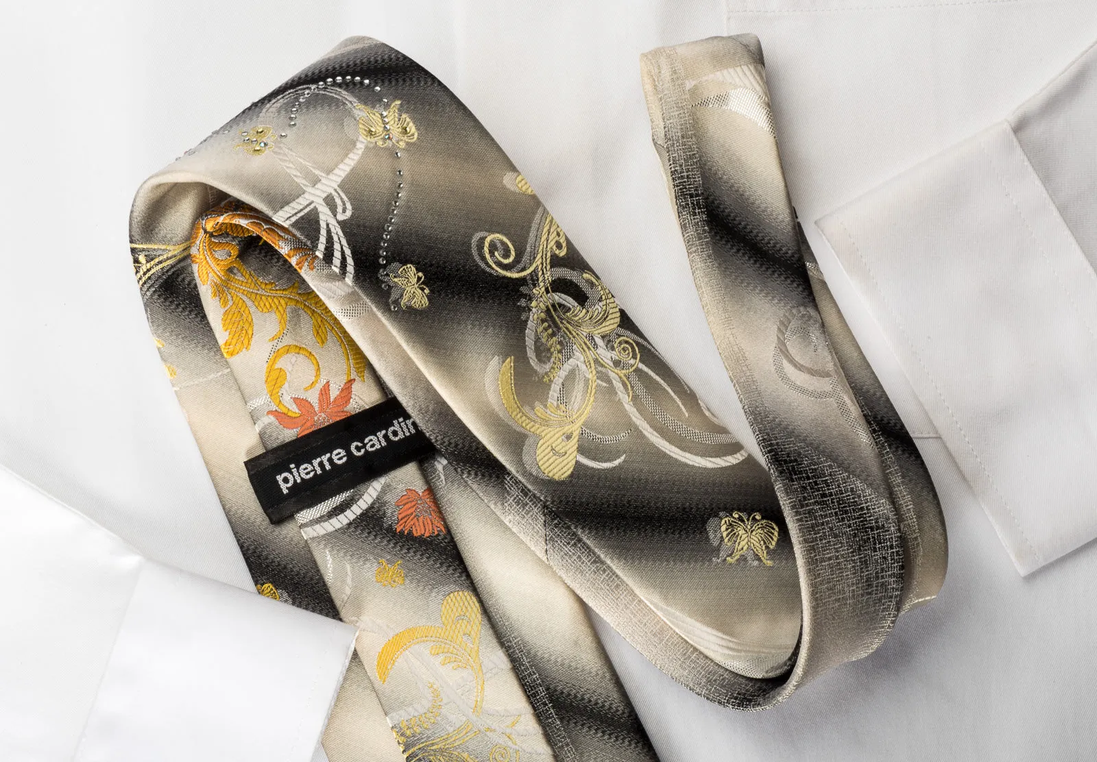 Pierre Cardin Rhinestone Silk Tie Colorful Floral On Graduating Gray White With Silver Sparkles