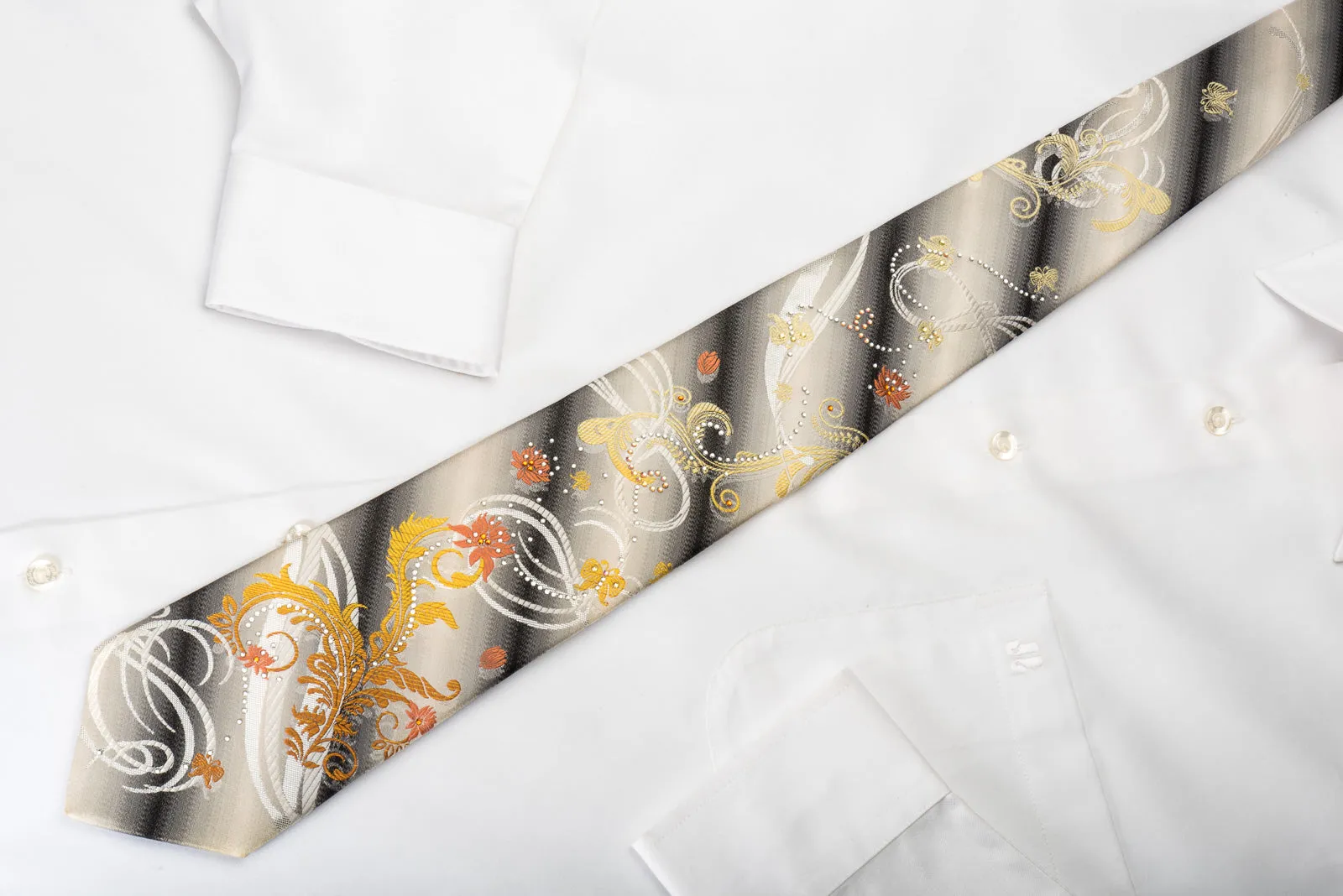 Pierre Cardin Rhinestone Silk Tie Colorful Floral On Graduating Gray White With Silver Sparkles