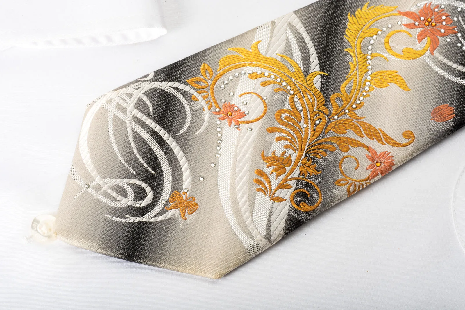 Pierre Cardin Rhinestone Silk Tie Colorful Floral On Graduating Gray White With Silver Sparkles
