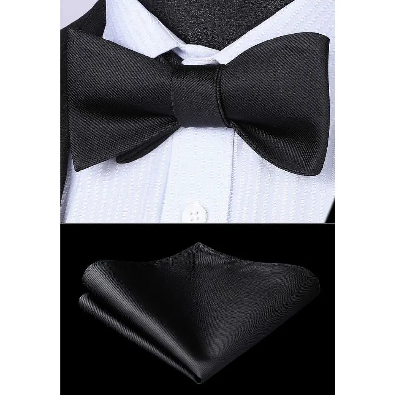 Solid Bow Tie & Pocket Square - C1-BLACK